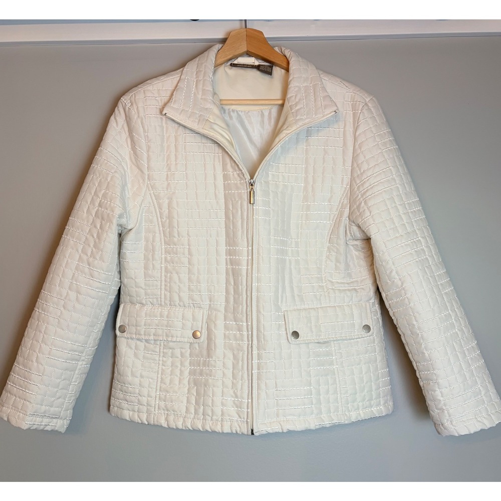 Jane Ashley Casual Lifestyle White Quilted Zip Up Jacket Womens Medium Pocketed